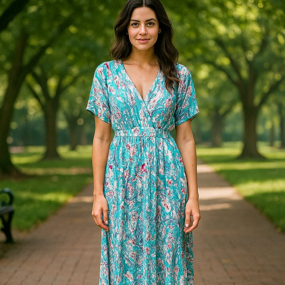 Tropical Artsy V Neck Snap Close Viscose Maxi Dress L Colorful Boho Nautical Y2K